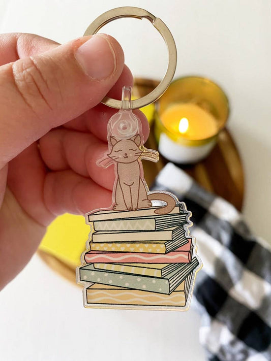 Cat on Books Keychain